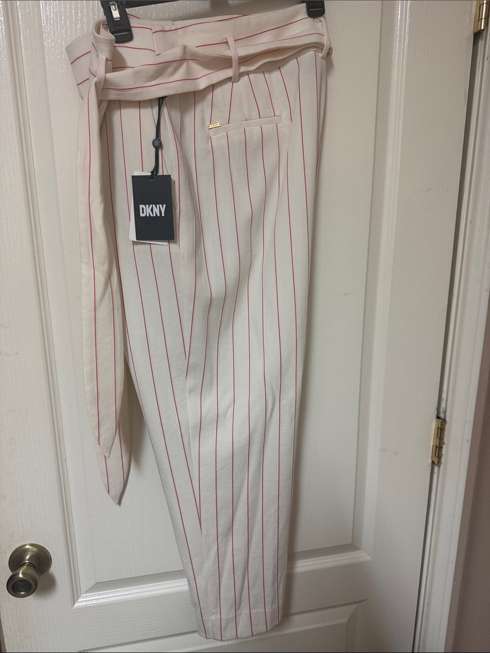 DKNY Cream Trousers with Red Pinstripes and Self-Tie Waist
